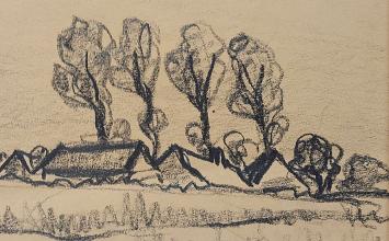 Houtskooltekening, landschapje met boerderij en bomen