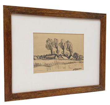 Houtskooltekening, landschapje met boerderij en bomen