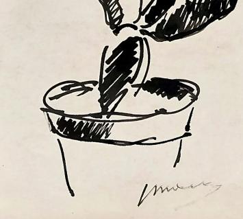 Jos Mous met een kleine tekening in inkt