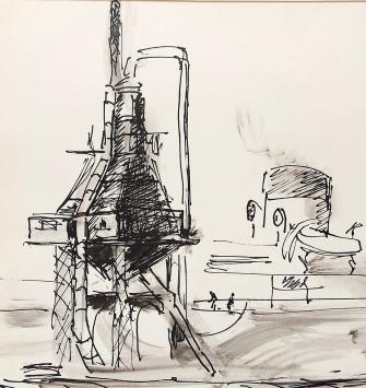 Jos Mous met een tekening in een kader