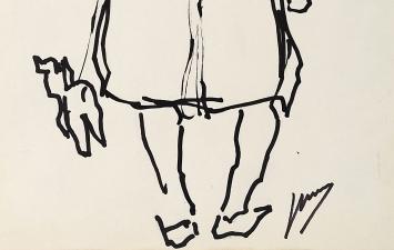 Jos Mous met een tekening in inkt