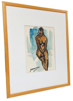 Aquarel, naakt zittend met gekruiste handen