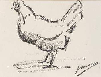 Een kip getekend door Antwerpse kunstenaar Jos Mous