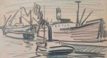 Jos Mous met een tekening van boten op het water