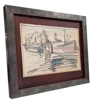 Gekleurde tekening, drie schepen en sleepboot