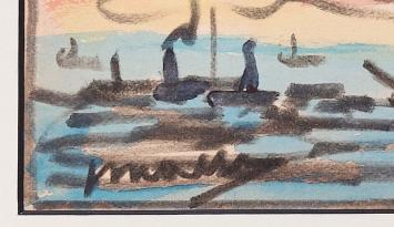 Jos Mous met een tekening van boten op het water