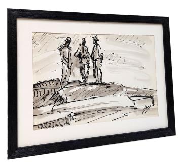 Inkttekening, drie mannen aan het praten