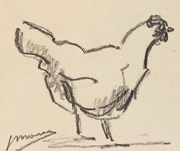 Een kip getekend door Antwerpse kunstenaar Jos Mous