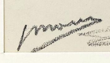 Jos Mous met een tekening in houtskool