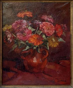 Tableau à l’huile avec vase rouge et fleurs rouges et orange sur fond sombre, signé Jos Mous.