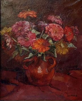 Oil painting with red vase and vibrant bouquet of red and orange flowers by Jos Mous.