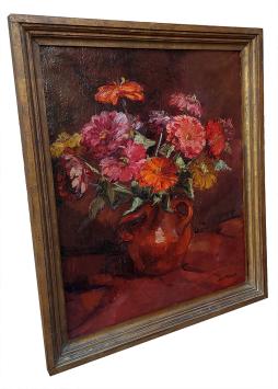 Stilleven vaasje met rode en oranje bloemen – oil on canvas – Jos Mous