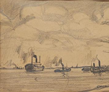 Jos Mous met een tekening in houtskool