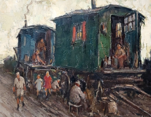 Joseph Lemaire met een schilderij van woonwagens met seizoenarbeiders