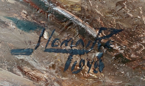 Schilderij met woonwagens en seizoenarbeiders