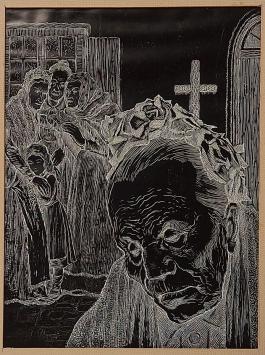 Joz De Swerts met een gravure van rouwende mensen