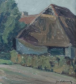 Joz De Swerts met een schilderij op bord geschilderd