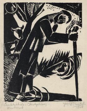 Jozef Cantré met een houtsnede uit 1922