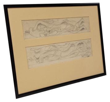 Twee ontwerptekeningen van liggende beelden 1938