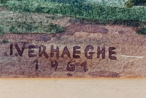 Jozef Verhaeghe met een aquarel uit 1961