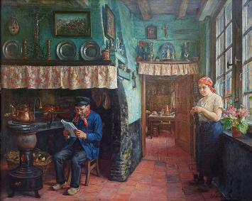 Belgische kunstschilder Jean Laenen met een olieverfschilderij