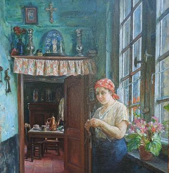 Interieur rijkere boerderij met boer en boerin