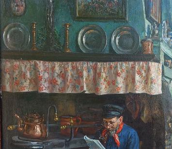 Interieur rijkere boerderij met boer en boerin