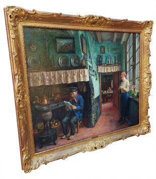 Interieur rijkere boerderij met boer en boerin