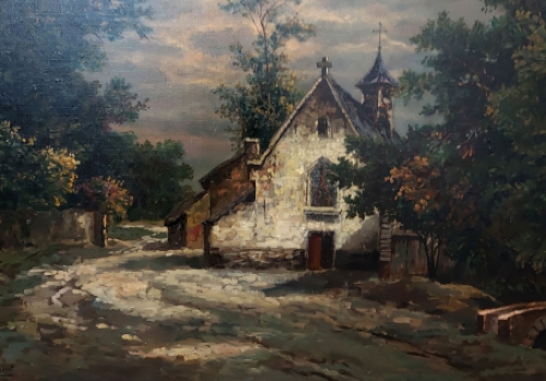 Juul (Jules) Decort met een schilderij op doek