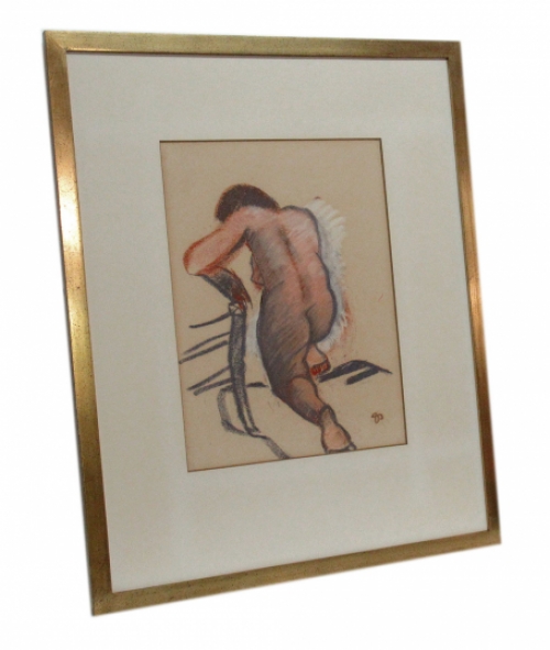 Naakt hurkende dame op stoel