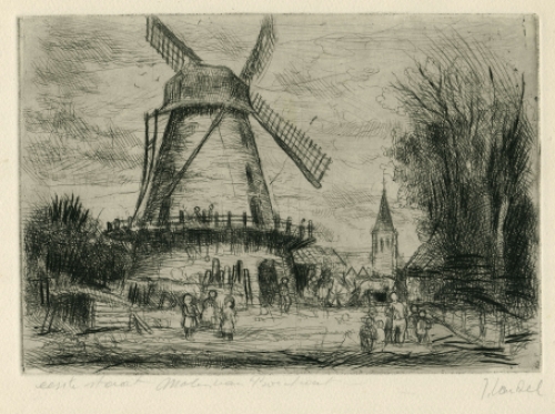 Molen in Boechout, een ets van Jules Van Ael