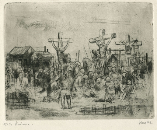 Kalvarie, een ets van Jules Van Ael