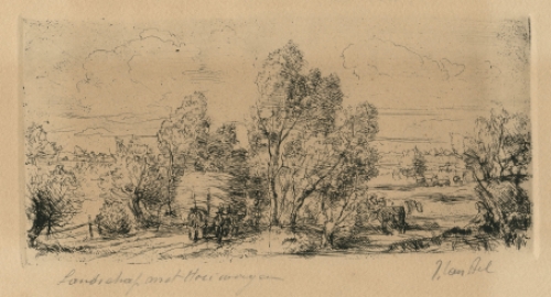 Landschap met hooiwagen, een ets van Jules Van Ael