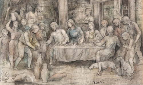 Belgische kunstenaar Jules Van Ael met een grote tekening