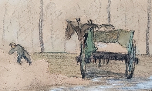 Landschapje met boer met paard en kar aan het werk