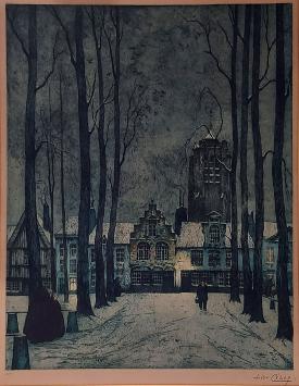 Belgische kunstschilder J. Célos met een ets met aquatint
