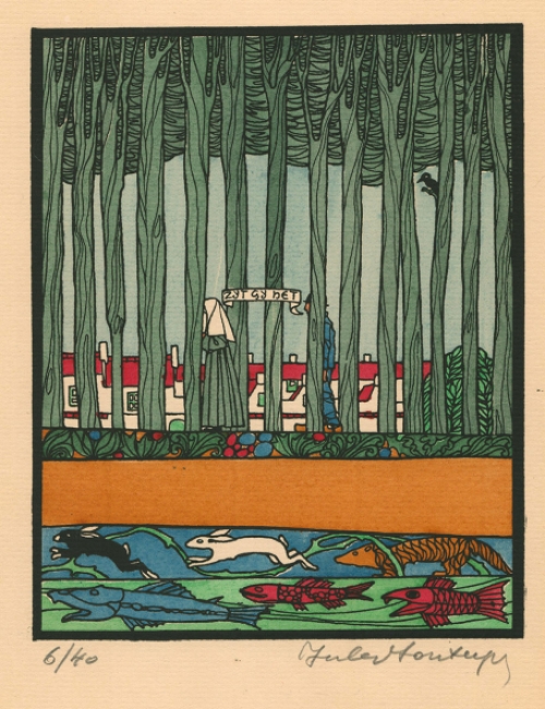 Belgische graficus Jules Fonteyne met een houtsnede