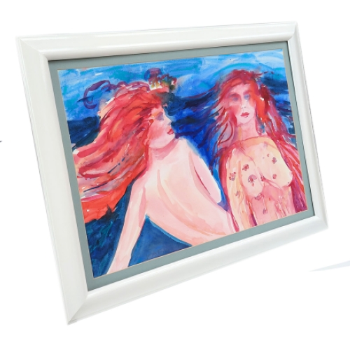 Aquarel, twee naakte zittende dames