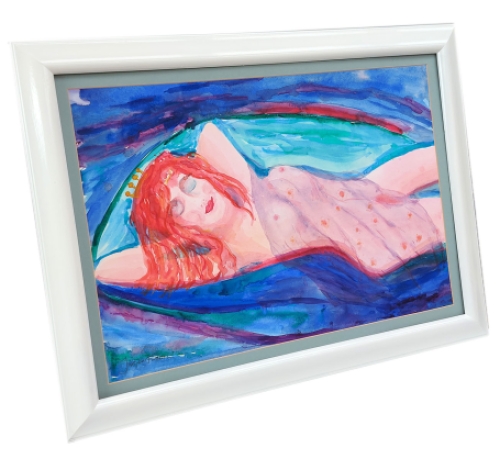 Aquarel, languit liggende naakte dame