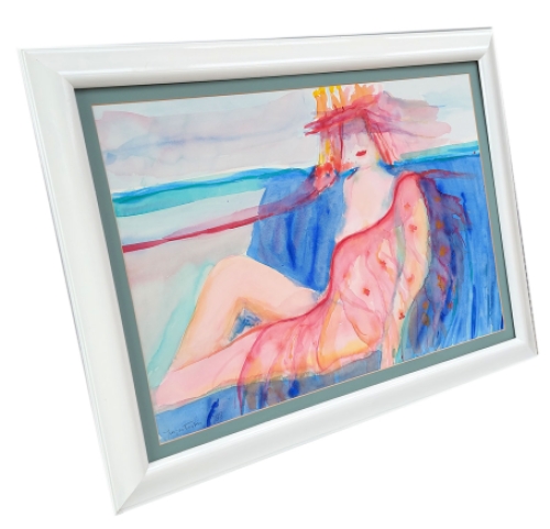 Aquarel, halfnaakte zittende dame