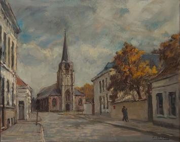 Juul Decort met een schilderij van de Sint-Bavokerk