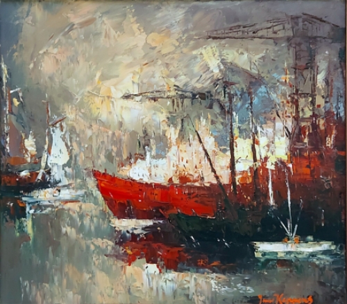 De Belgische kunstenaar Juul Keppens met een expressionistisch schilderij