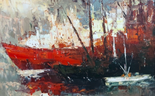 Kunstschilder Juul Keppens met een schilderijtje op doek