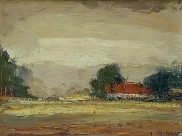 De Belgische kunstenaar Juul Keppens met een groot schilderij