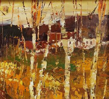 Kunstschilder Juul Keppens met een schilderij in expressionistische stijl