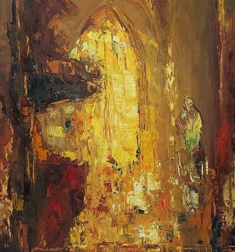 De Belgische kunstenaar Juul Keppens met een expressionistisch schilderij