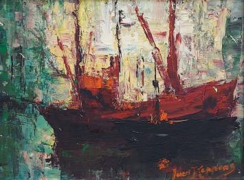 De Belgische kunstenaar Juul Keppens met een expressionistisch schilderij