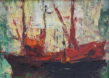 Kunstschilder Juul Keppens met een schilderij van een vissersboot
