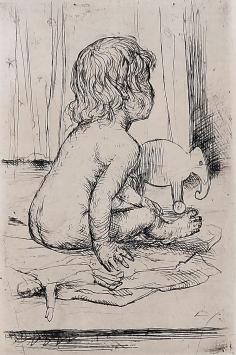 Spelend kindje van Jules Van Ael, kleine ets