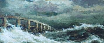 Kunstschilder Luc Kaisin met een schilderij v/d zee